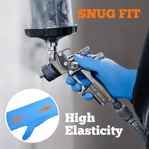 Close-up of blue nitrile exam glove on a hand gripping a spray gun; 6-mil, large.