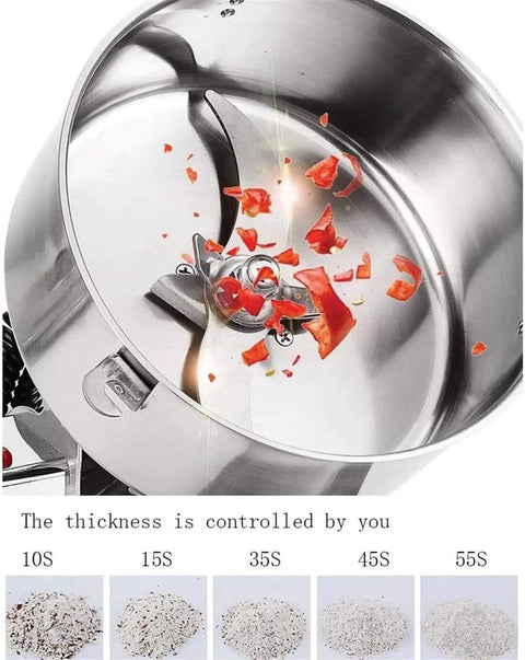 Grain Grinder 4500G Stainless Steel High Speed Pulverizer grinding peppers, showcasing inner blades and grinding stages.