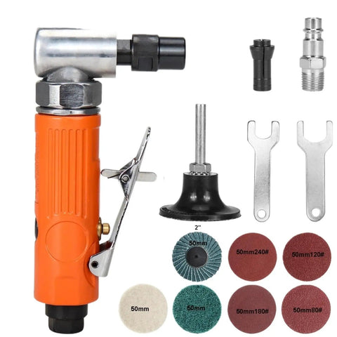 90 Degree Air Angle Die Grinder Quarter Inch Shank 25000 RPM Pneumatic Right Angle Workhorse with sanding discs and accessories.