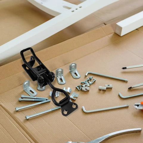 Heavy Duty Adjustable Toggle Latch Clamp with installation hardware on cardboard, built tough with iron, for doors and industrial equipment