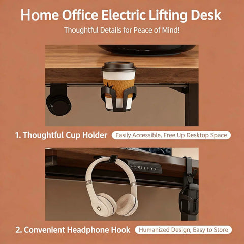ProMove Electric Height Adjustable Desk With Instant Memory Buttons And Slick AntiCollision Shield For Dope Gaming Rigs And Chill Home Office Workstations In RealWorld Dimensions with cup holder and headphone hook.
