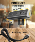 Slick Desk Clamp Power Strip With Four USB-A Ports And Three AC Outlets, 6.9x3x2.4 inches, with 4.9 ft cord for efficient charging.