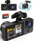 4K Front And 1080P Rear 3 Channel Dash Cam For Your Ride With 32GB Card, Interior 120 Degree Camera, dash cam components