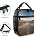 Reusable Insulated Lunch Box with side pocket, detachable handle, and road print design for meal prep on the go, 7.9 x 4.3 x 10.8 inches.