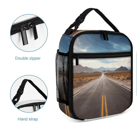 Reusable Insulated Lunch Box with side pocket, detachable handle, and road print design for meal prep on the go, 7.9 x 4.3 x 10.8 inches.
