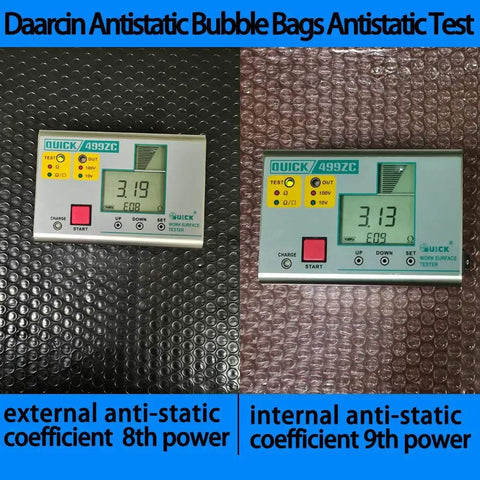 10 Pack Large Anti Static Bubble Bags 11.8x15.7in 30x40cm Static Shielding protective test results displayed on a digital meter