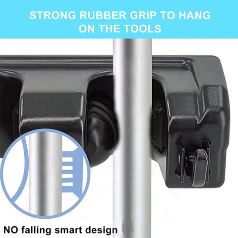Close-up of wall mount mop and broom holder with rubber grip showing 1 slot from 3 slots, part of a space saving organizer rack.
