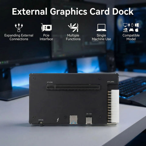 Back view of External GPU Enclosure Dock featuring PCIe interface and power connections, enhances performance for gaming and video editing.