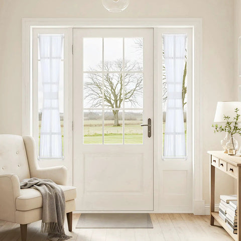 Bright room with white curtains on narrow windows using 4 Pack Short Spring Tension Curtain Rods 8 To 12 Inches No Drill Mini DIY Slim Window Cupboard Sidelight White Easy To Install For Narrow Windows Cabinets Closets And Curtains.