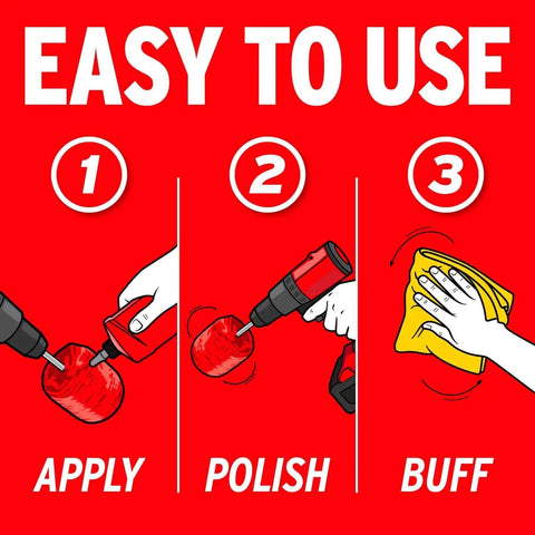 Illustration showing steps to use PowerBall 2 Polishing Tool for deep dish wheels; apply, polish with drill, buff surfaces.