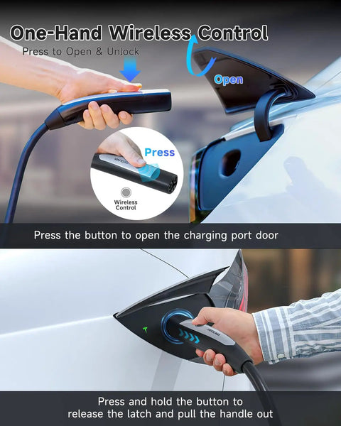 One-Hand Wireless Control for Heavy Duty Level 2 Ev Charger For Tesla With Nacs Cord and Nema 14-50 Plug at Forty Amps.