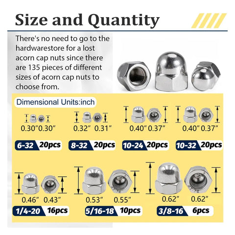 Durable 304 Stainless Steel Acorn Nuts Assortment Kit – 100 pieces with sizes like 6#32, 8#32, 10#24, 10#32, 1/4"-20 shown.