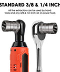 38 Piece Bolt Extractor Kit For Damaged Nuts And Bolts with 1/4, 3/8 inch drives shown on hand tools, chrome-moly steel material.