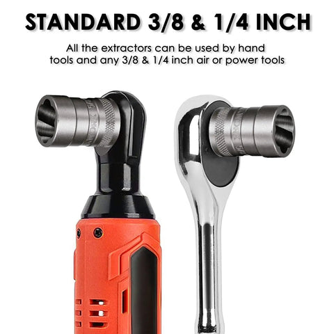 38 Piece Bolt Extractor Kit For Damaged Nuts And Bolts with 1/4, 3/8 inch drives shown on hand tools, chrome-moly steel material.