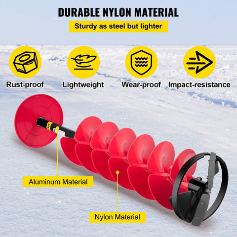 8 Inch Nylon Ice Fishing Auger Kit With 14 Inch Extension Rod And Drill Adapter, red auger on frozen ice
