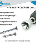 GMTOOLS deburring external chamfer tool with YG8 carbide blade on cordless drill chuck; two fasteners.