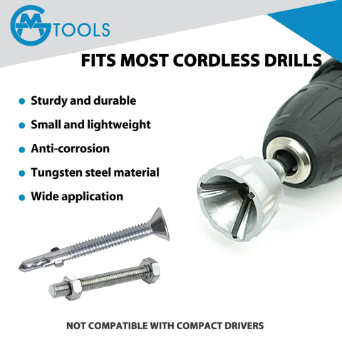 GMTOOLS deburring external chamfer tool with YG8 carbide blade on cordless drill chuck; two fasteners.