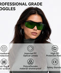 Heavy Duty Blue Laser Safety Glasses With OD4 Plus Lens Block 400nm To 500nm Wavelengths For Engraving Workbenches And DIY Crews In Matte Black Frames Deliver Badass Eye Coverage And Hella Solid Protection, displayed on a model with green lenses.