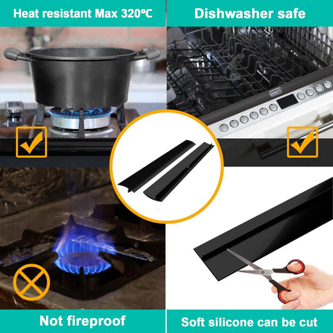25 Inch Silicone Gap Filler For Stove And Counter High Heat Resistant Kitchen Gap Cover Matte Black shown with scissors and stove
