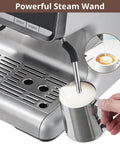 Next Level Espresso Machine With Built In Conical Burr Grinder And Rotating Steam Wand, stainless steel steam wand frothing milk.