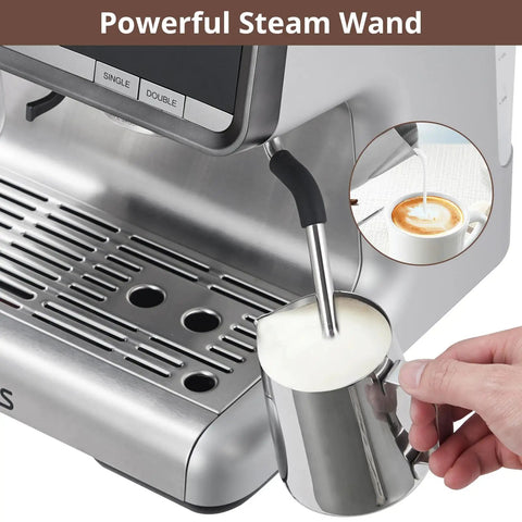 Next Level Espresso Machine With Built In Conical Burr Grinder And Rotating Steam Wand, stainless steel steam wand frothing milk.