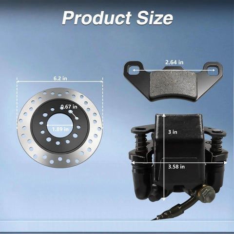 Beefy Hydraulic Rear Disc Brake Caliper Kit With Stainless Steel Rotor And Replacement Pads, dimensions shown