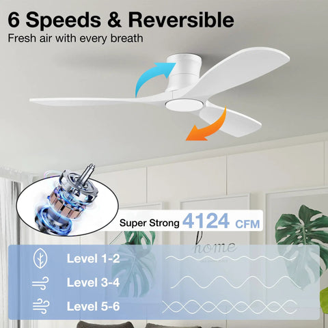 52 Inch Smart Wood Ceiling Fan With Lights Low Profile Flush Mount Remote Alexa App Control Voice Activation 6 Speed Quiet DC Motor