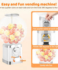 White Coin Operated Vending Cabinet And Premium Candy Dispenser For Home Arcade Or Retail Counter with spinning knob and candy display.