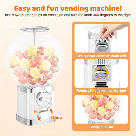 White Coin Operated Vending Cabinet And Premium Candy Dispenser For Home Arcade Or Retail Counter with spinning knob and candy display.