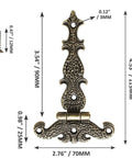 4 Pack T Strap Hinges Antique Bronze Decorative Door Hinges with screws, dimensions labeled, retro style for barn doors and furniture.