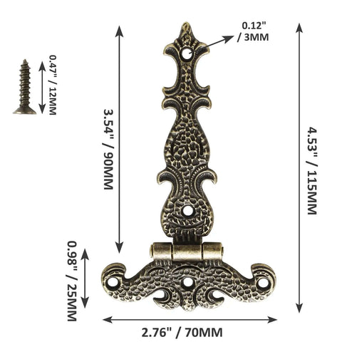 4 Pack T Strap Hinges Antique Bronze Decorative Door Hinges with screws, dimensions labeled, retro style for barn doors and furniture.