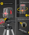 Self Leveling Laser Level With 360 Degree Horizontal And Vertical Line, Bright 2 Line Cross Laser For Wall Hanging And Outdoor Use, Waterproof, Magnetic Mount, Manual Mode Toggle, Includes Battery Carrying Bag. 360° magnetic holder with 1/4-20 tripod thread