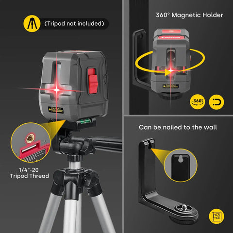 Self Leveling Laser Level With 360 Degree Horizontal And Vertical Line, Bright 2 Line Cross Laser For Wall Hanging And Outdoor Use, Waterproof, Magnetic Mount, Manual Mode Toggle, Includes Battery Carrying Bag. 360° magnetic holder with 1/4-20 tripod thread