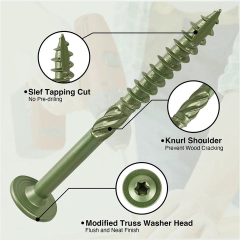 Heavy Duty Fifty Five Pack Number 14 X 3 Inch Zinc Plated Structural Lag Screws Washer Head T30 Drive Rust Resistant Wood Fasteners detailed view with knurl shoulder and modified truss washer head.