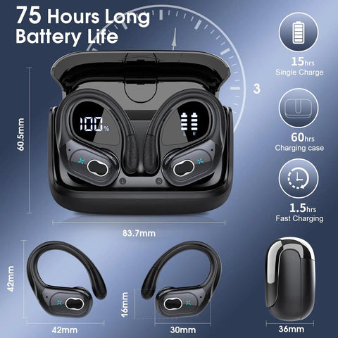 Long Battery Wireless Earbuds With 75 Hours Play Time, Bluetooth 5.4 Sport Buds, charging case, dimensions displayed
