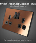 Modern Screwless Double Switched Wall Socket In Polished Copper Hella Easy Install Power Outlet For Home Renovation with black inserts.