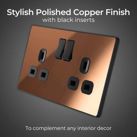 Modern Screwless Double Switched Wall Socket In Polished Copper Hella Easy Install Power Outlet For Home Renovation with black inserts.