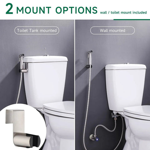 Handheld Bidet Sprayer Must Have With 2 Replacement Filters For Toilet And Feminine Wash Cloth Diaper Washer Stainless Steel Adjustable Water Pressure Four Foot Hose Set In Brushed Nickel, toilet and wall mounted options shown