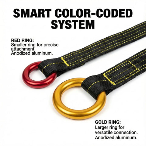Pro Grade Arborist Friction Saver For Serious Tree Climbing And Cambium Saver Loop Belt Sling With Retrievable Ring Anchor, color-coded rings.