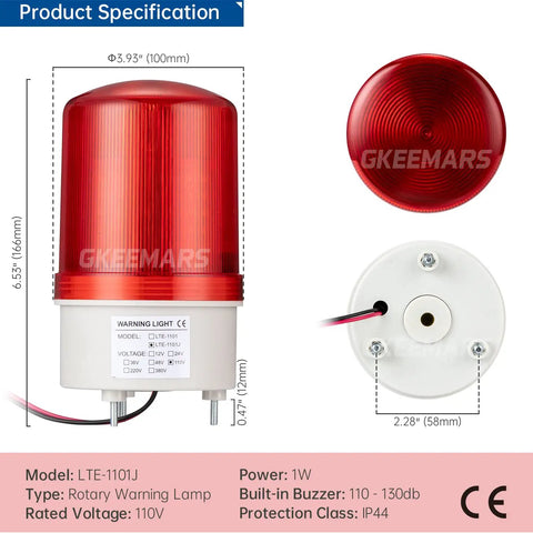 Industrial Signal Alarm Tower Light With LED Rotating Strobe And Mad Loud Buzzer 110V AC Emergency Warning Lamp Red 120dB