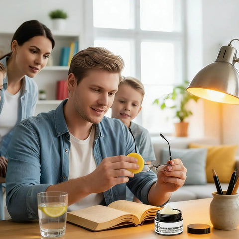 Man using Scratch Remover Paste For Glasses And Screens Pro Repair Kit on eyewear, with family observing in home setting