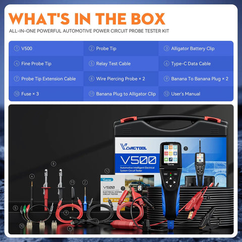 All In One Automotive Power Circuit Tester Kit 9 To 30V For Cars And Trucks, with cables and probes, packaging displayed.