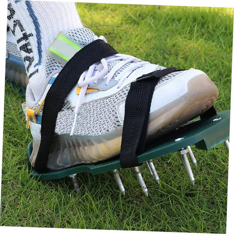 16 Piece Lawn Aerator Shoes With Adjustable Straps Garden Spikes For Deep Soil Penetration And Healthier Lawn Easy To Use Fits All Shoes With Durable Construction For Long Lasting Performance And Fits Most Shoe Styles Yard Work Made Easy shown on sneaker
