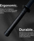 Ergonomic handle detail of Polypropylene Mokume Style Long And Short Sword Set Black Training Swords With 38.5 Inch Long Sword and 23.5 Inch Short Sword Budget Friendly Lightweight Durable For Martial Arts Fencing Cosplay Props.