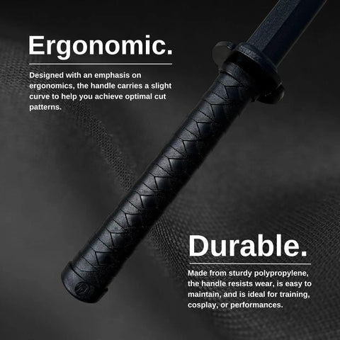 Ergonomic handle detail of Polypropylene Mokume Style Long And Short Sword Set Black Training Swords With 38.5 Inch Long Sword and 23.5 Inch Short Sword Budget Friendly Lightweight Durable For Martial Arts Fencing Cosplay Props.