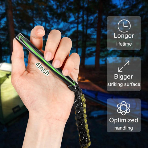 Hand holding 4 inch portable fire starter from 4 Pack Ferro Rod Fire Starter Kit with Paracord Handle, outdoor camping scene.