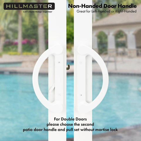 Budget Friendly Sliding Glass Door Handle Set With Mortise Lock And Key Cylinder For Replacement Fits 3-15/16 Inch Screw Hole Spacing Reversible Patio Door Hardware Die Cast White Finish, shown installed on sliding doors near pool.
