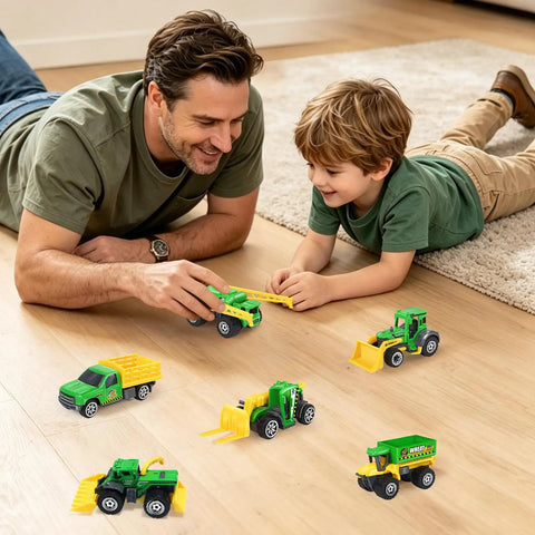 Father and son playing with Six Piece Diecast Farm Vehicle Toy Set For Kids 3 Years And Up Includes Tractor Harvester