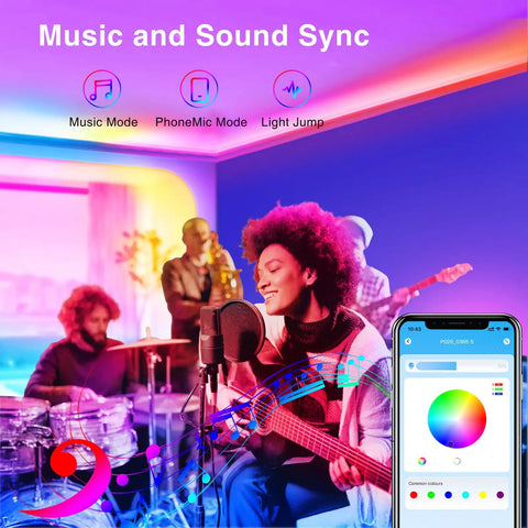 50 Ft Bluetooth RGB LED Strip Lights With SMD5050 Chips, Music Sync showing band playing, app control interface in foreground.