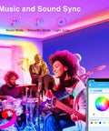 Ultra Long 150ft RGB LED Strip Lights With Bluetooth App Control, Music Sync, remote shown with band in colorful room